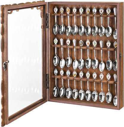 Wooden 30-Souvenir Spoon Display Case Cabinet, Wall-Mounted Tea Spoon Rack with Tempered Glass Suitable for Collection Display, 13.4W X 2.6D X 15.7H In