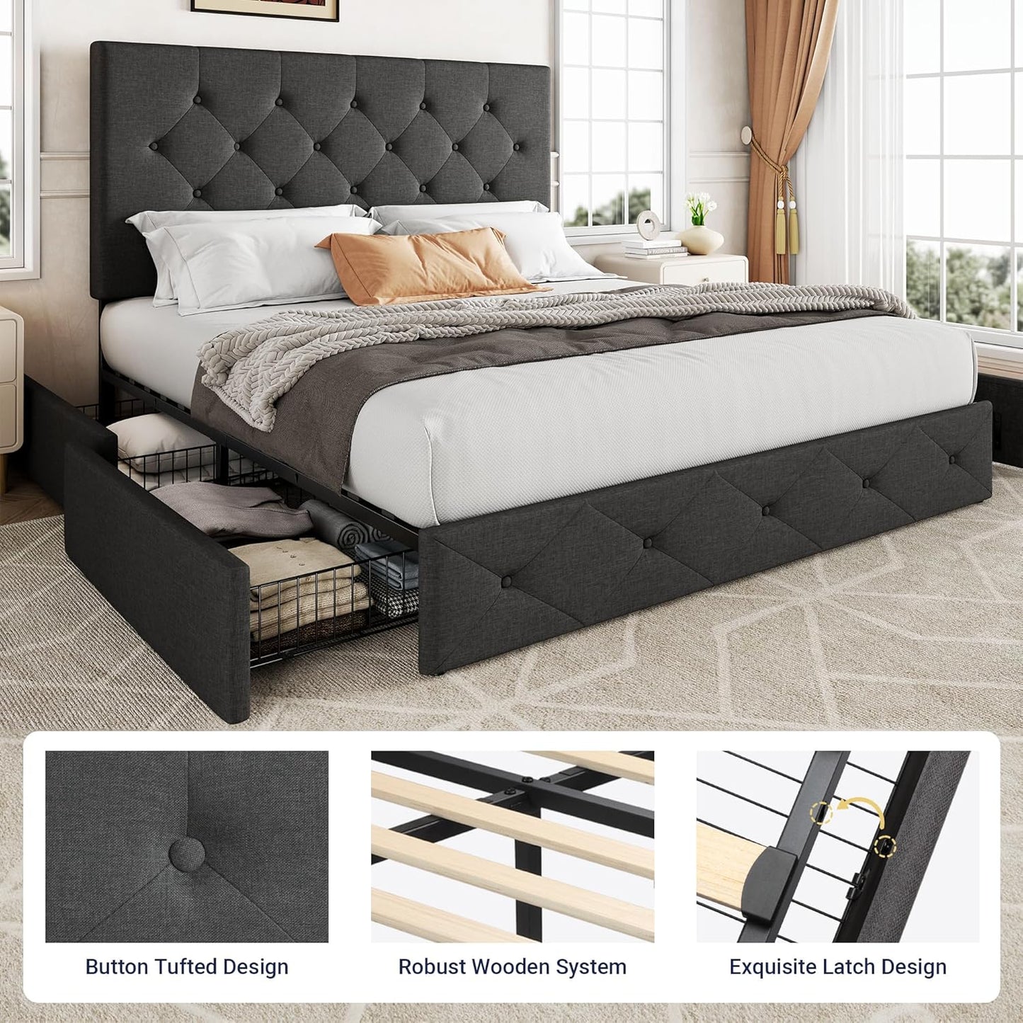 Upholstered Queen Size Platform Bed Frame with 4 Storage Drawers and Headboard, Diamond Stitched Button Tufted, Mattress Foundation with Wooden Slats Support, No Box Spring Needed, Dark Grey