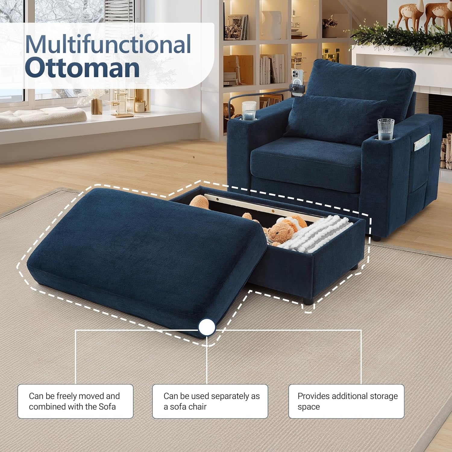 42.5" Chaise Lounge Indoor with a Movable Storage Ottoman, Modern Style Sofa Couch with Dual USB Ports & Cup Holders, a Phone Holder and Side Pockets for Living Room, Blue