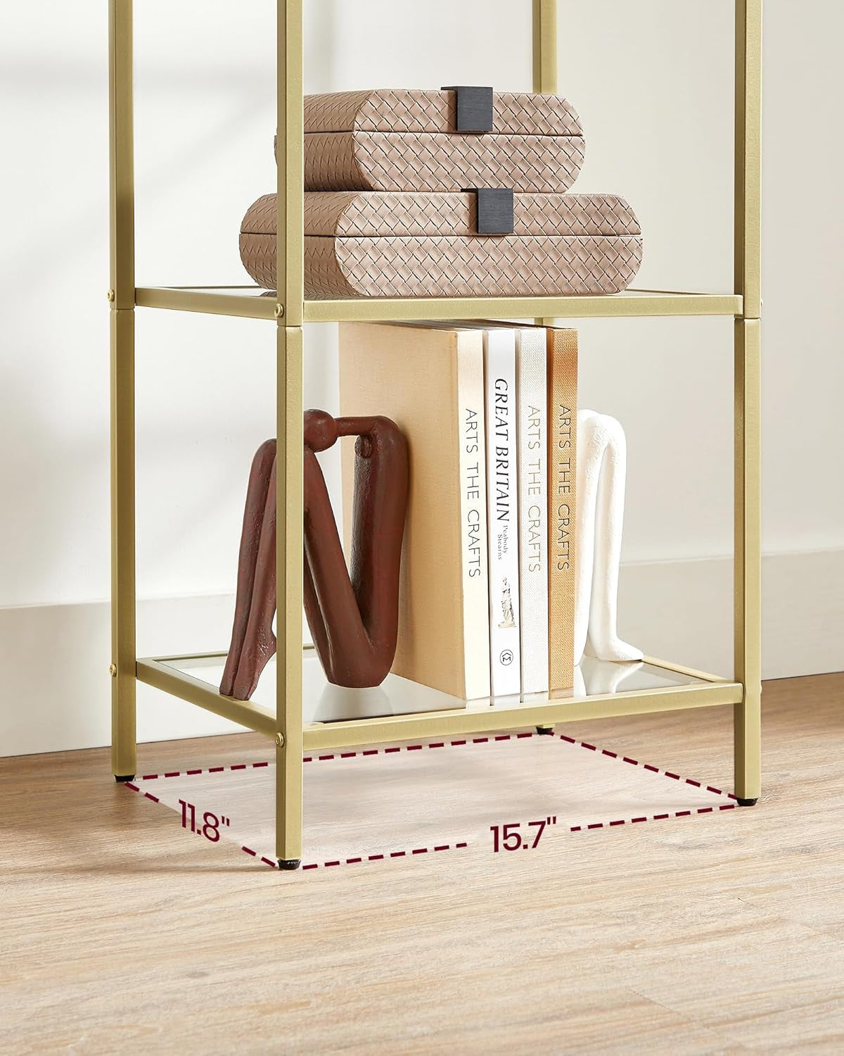 Bookcase, 4-Tier Bookshelf, Slim Shelving Unit for Bedroom, Bathroom, Home Office, Tempered Glass, Steel Frame, Metallic Gold ULGT28G