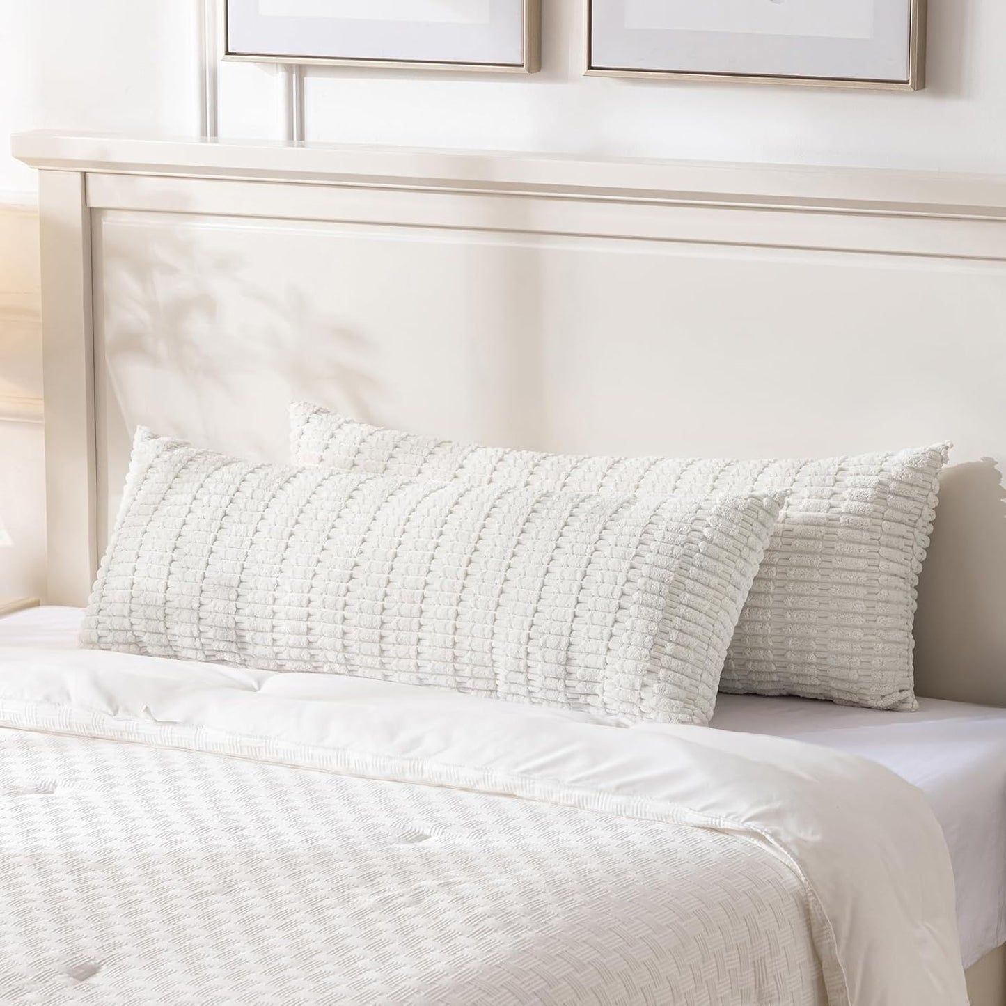 Cream Boho Long Body Lumbar Decorative Throw Pillow Cover 14X36 Inch for Bed Couch Bedroom Bench, Soft Corduroy Rectangle Solid Pillow Case 35X91 Cm, Rustic Farmhouse Room Decor