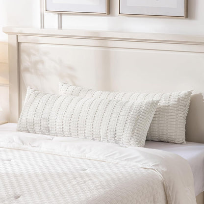 Cream Boho Long Body Lumbar Decorative Throw Pillow Cover 14X36 Inch for Bed Couch Bedroom Bench, Soft Corduroy Rectangle Solid Pillow Case 35X91 Cm, Rustic Farmhouse Room Decor