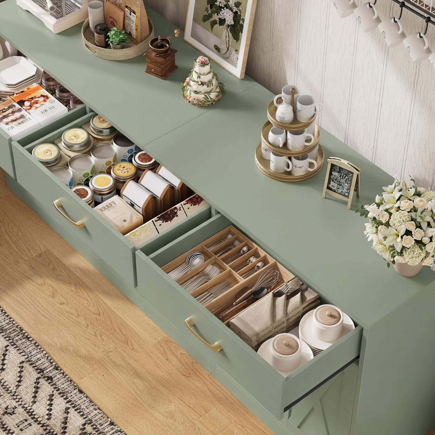 71" Large Sideboard Buffet Cabinet with Storage, Farmhouse Coffee Bar Cabinet with 3 Drawers, Long Kitchen Buffet Table, Kitchen Sideboard Storage Cabinet for Dining Room, Living Room, Green