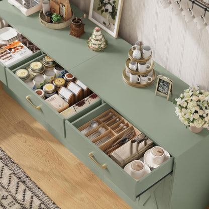71" Large Sideboard Buffet Cabinet with Storage, Farmhouse Coffee Bar Cabinet with 3 Drawers, Long Kitchen Buffet Table, Kitchen Sideboard Storage Cabinet for Dining Room, Living Room, Green