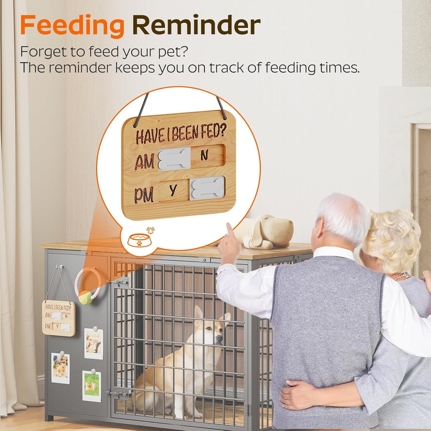 Foldable Dog Crate Furniture, Dog Crate with DIY Frame, Heavy Duty Dog Kennel Indoor with Hooks, Wooden Dog Cage End Table, for Small/Medium Dogs, White and Walnut DC95WH