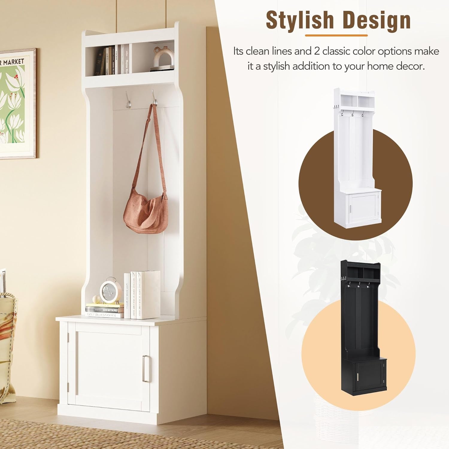 Minimalist Slim Hall Tree with Shoe Bench and 6 Hanging Hooks,Multi-Functional Entryway Coat Rack with Cabinet,Tall Hall Tree for Hallway,Living Room(White)