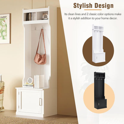 Minimalist Slim Hall Tree with Shoe Bench and 6 Hanging Hooks,Multi-Functional Entryway Coat Rack with Cabinet,Tall Hall Tree for Hallway,Living Room(White)