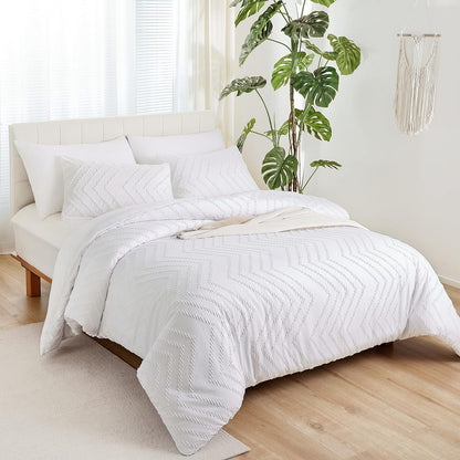 White Comforter Queen Size 3Pcs, Boho Chevron Queen White Farmhouse Bedding Sets, Vertical Tufted Lightweight Neutral Boho Bed Set (1 Comforter, 2 Pillowcases)