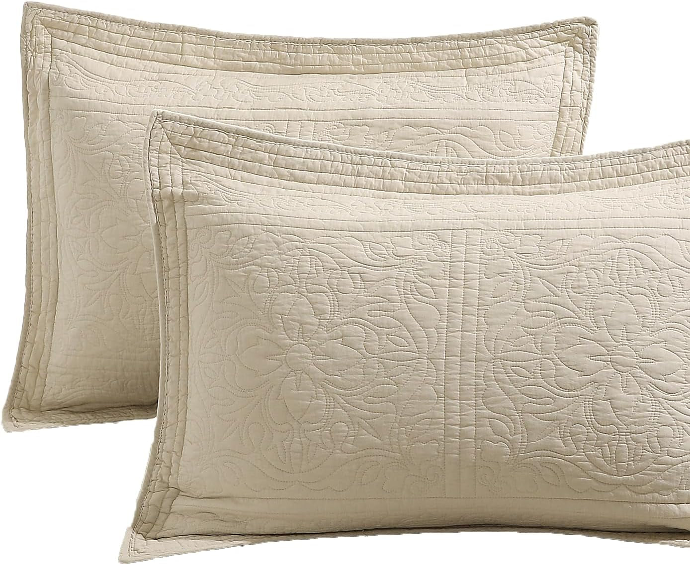 100% Cotton Quilted Pillow Sham Floral Printed Pillow Cover (Standard, Beige)