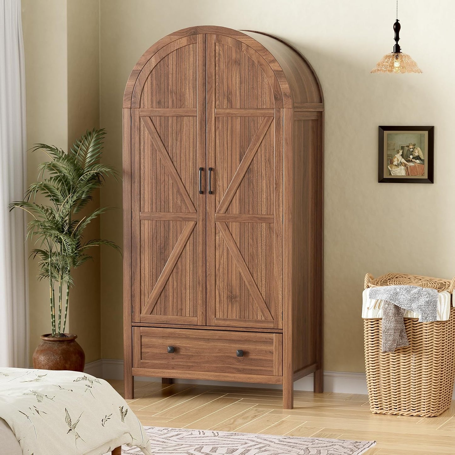 Armoire Wardrobe Closet with Drawers and 2 Arched Fluted Doors, 70.9‘’ Tall Wooden Bedroom Armoires with LED Light & Shelves and Hanging Rod(Brown)