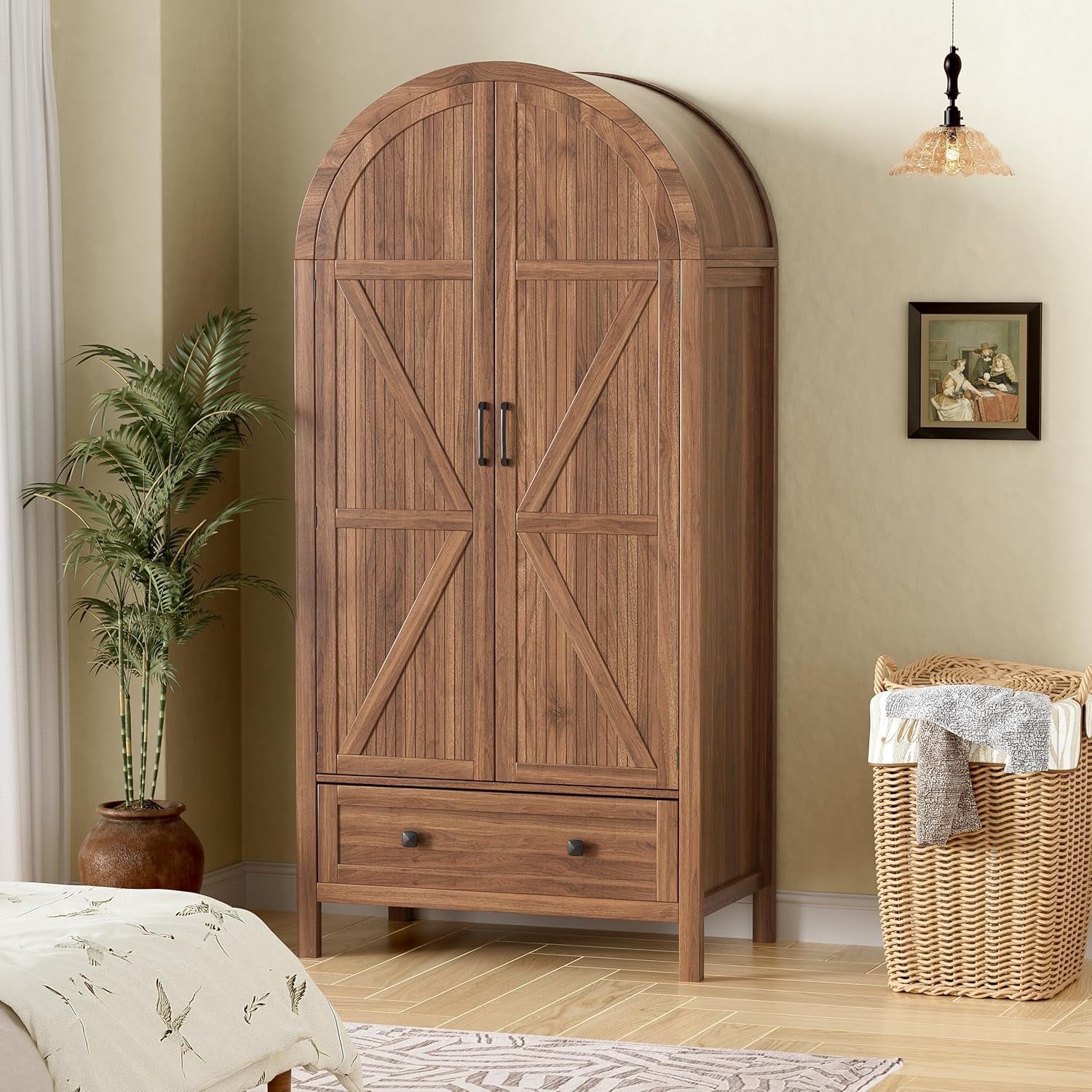 Armoire Wardrobe Closet with Drawers and 2 Arched Fluted Doors, 70.9‘’ Tall Wooden Bedroom Armoires with LED Light & Shelves and Hanging Rod(Brown)