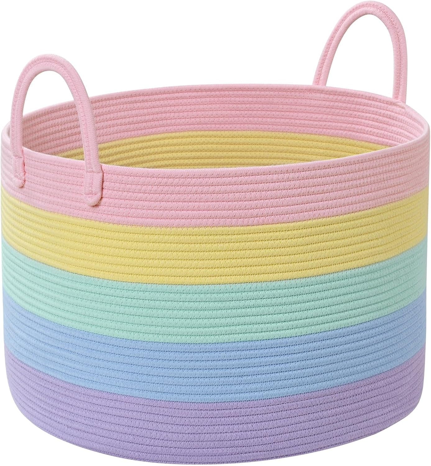 Rainbow Toy Basket, 20"X13" Extra Large Kids Toy Storage for Playroom Classroom Nursery, Woven Rope Blanket Basket with Handles, Stuffed Animal Organizer & Dog Toys Basket