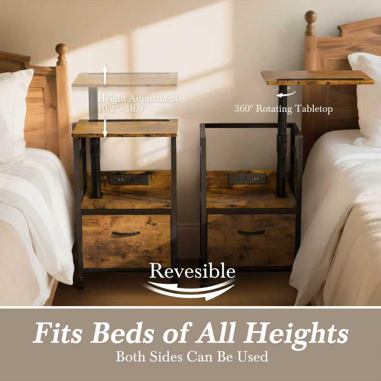 Swivel Lift Top Nightstand with Charging Station, 2-Tier 360° Adjustable Bedside Table, Rolling Night Stand with Wheels, Small End Table with Fabric Drawer, for Bedroom, Living Room, Rustic Brown