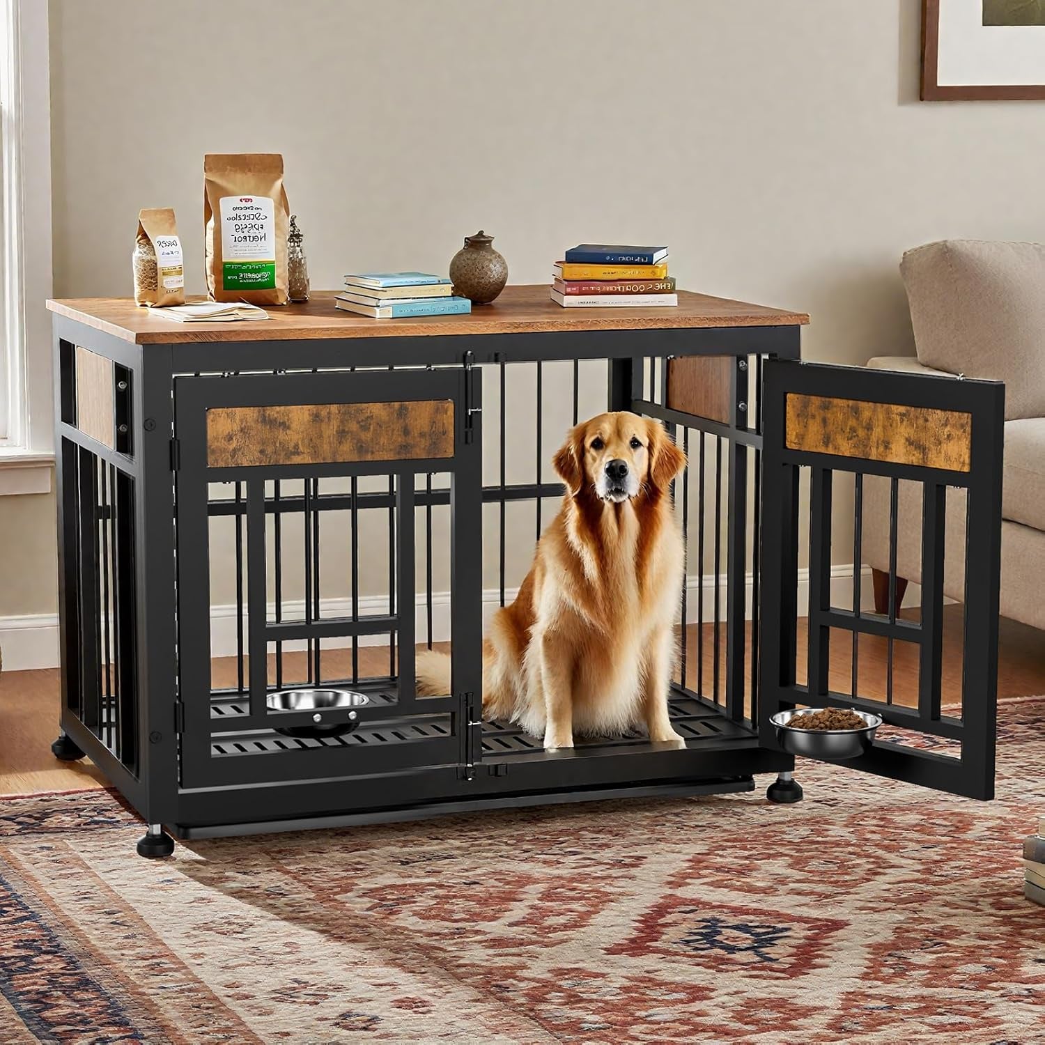 Heavy Duty Dog Crate Furniture for Large Dogs, Decorative Pet House End Table, 42Inch Large Wooden Cage Kennel Furniture Indoor for Medium Dog