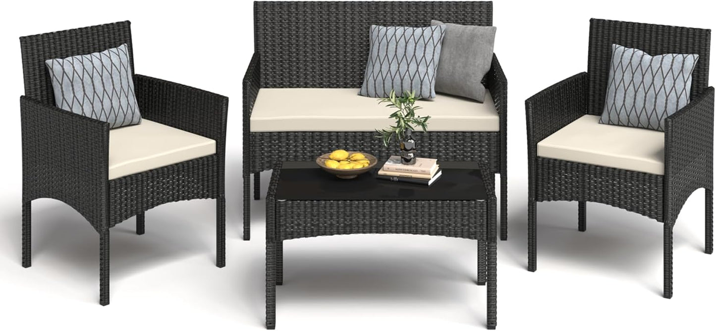 4 Pieces Patio Furniture Set, Outdoor Wicker Rattan Patio Conversation Furniture Set with Waterproof Cushion and Table for Lawn Backyard, Garden, Balcony, Porch and Poolside (Black)