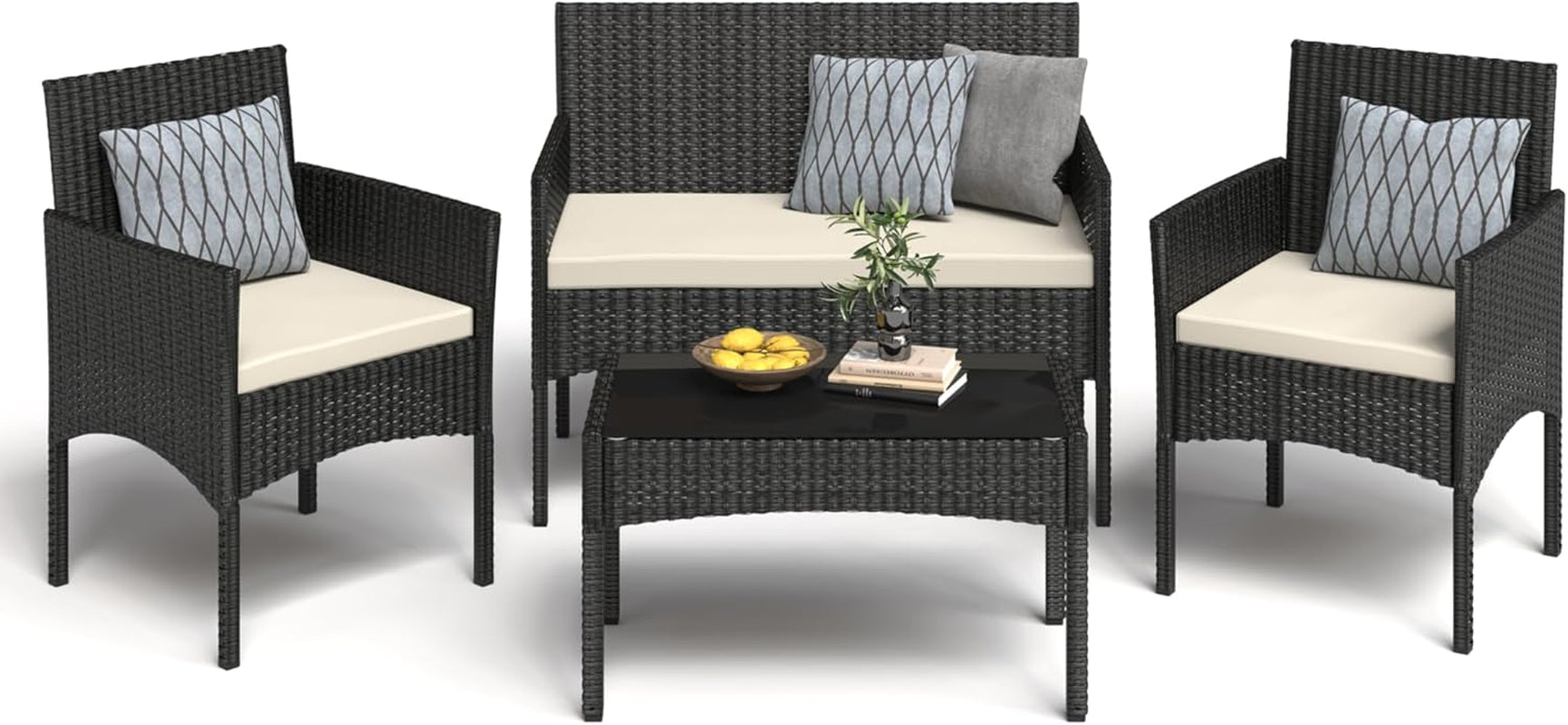 4 Pieces Patio Furniture Set, Outdoor Wicker Rattan Patio Conversation Furniture Set with Waterproof Cushion and Table for Lawn Backyard, Garden, Balcony, Porch and Poolside (Black)
