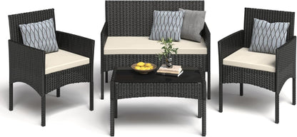4 Pieces Patio Furniture Set, Outdoor Wicker Rattan Patio Conversation Furniture Set with Waterproof Cushion and Table for Lawn Backyard, Garden, Balcony, Porch and Poolside (Black)