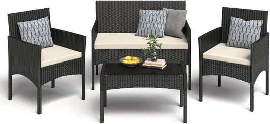 4 Pieces Patio Furniture Set, Outdoor Wicker Rattan Patio Conversation Furniture Set with Waterproof Cushion and Table for Lawn Backyard, Garden, Balcony, Porch and Poolside (Black)