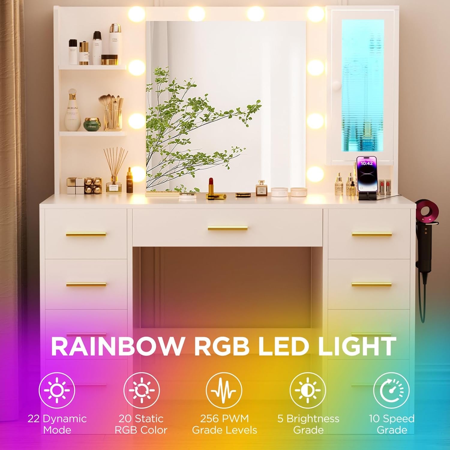 Vanity Desk with Mirror and Lights, 43" Large Makeup Dressing Table with 9 Drawers & 3 Shelves, RGB LED Lighting & Power Outlet, White and Gold