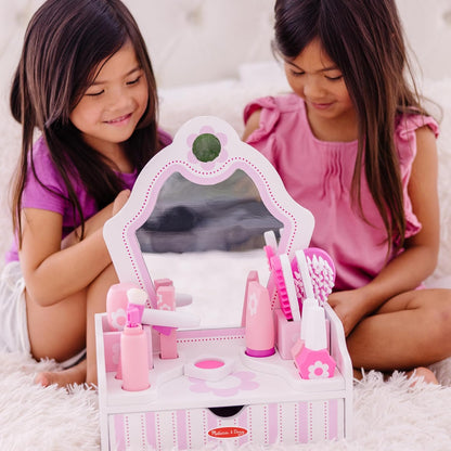 Wooden Beauty Salon Play Set, 18-Piece Vanity with Pretend Play Toys, Makeup, Mirror, Accessories & More, Preschool Toys for Girls & Boys Ages 3+ - FSC Certified