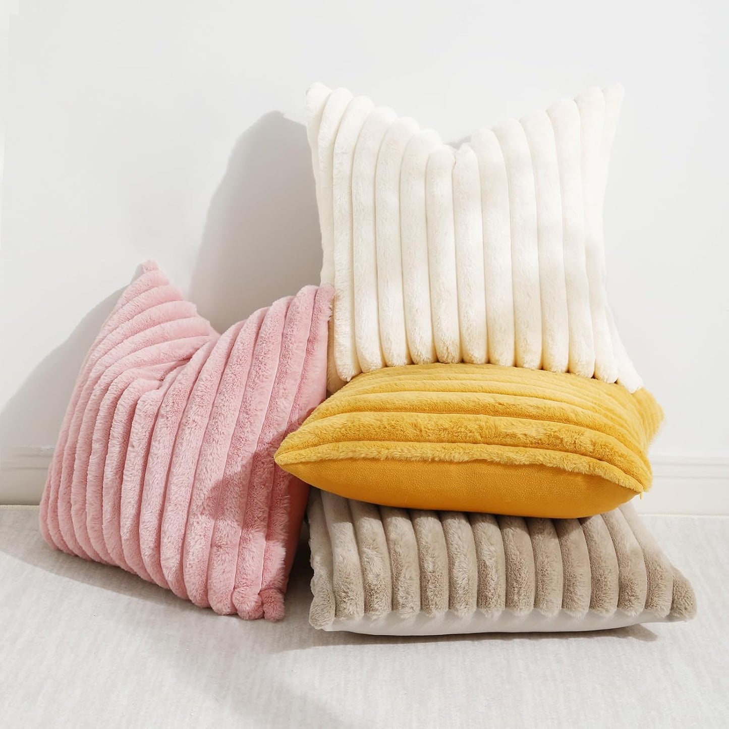 Faux Fur Spring Throw Pillow Covers 18X18 Set of 2, Decorative Soft Plush Striped Neutral Couch Euro Pillow Covers with Velvet Back for Sofa, Bed, Living Room Home Decor, Cream White
