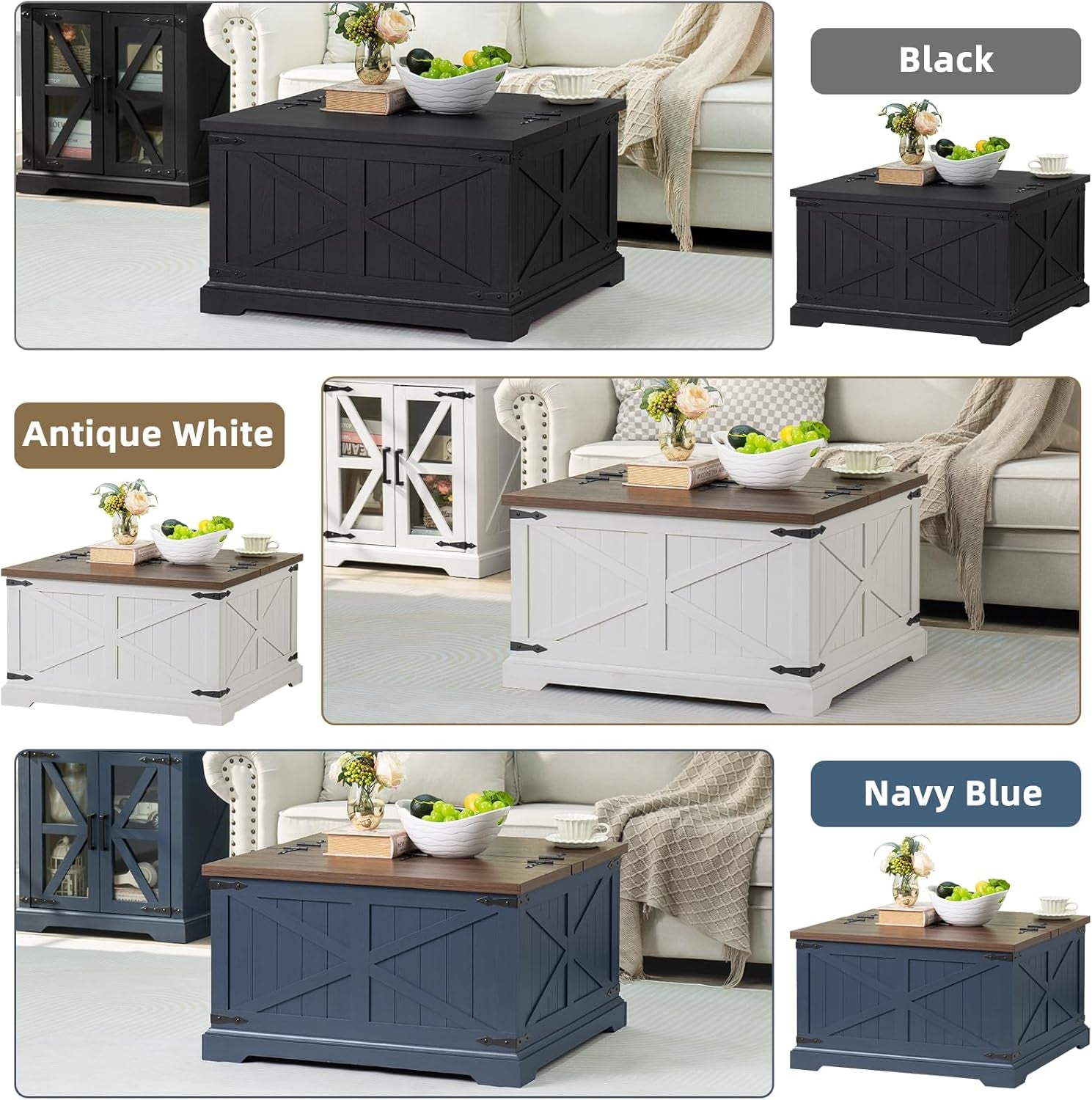 Farmhouse Coffee Table with Large Hidden Storage Compartment, Antique White Square Center Table, Wood Rustic Low Modern Living Room Tables with Hinged Lift Brown Top & Wooden Arc Base