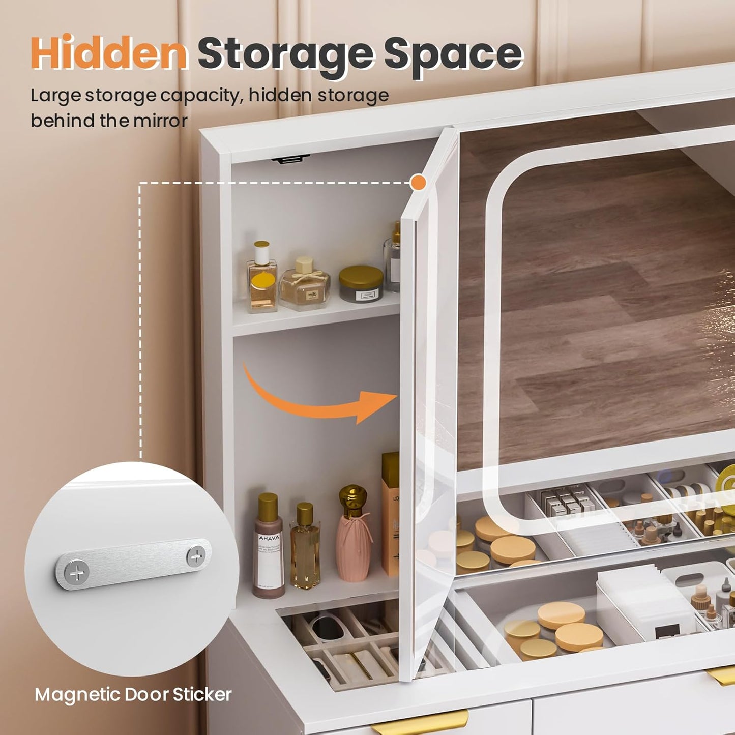 11 Drawers Vanity Desk with Foldable Mirror, Glass Top Makeup Vanity with LED Lights, 3 Lighting Modes, Golden Handles Dressing Table with Chair and Power Outlet