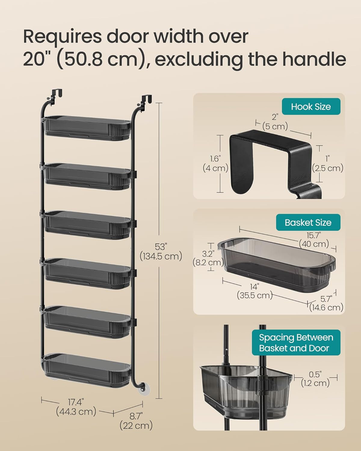 over the Door Pantry Organizer, 6-Tier Kitchen Pantry Door Organizer with Adjustable Tall Baskets, Hanging Spice Rack, for Bedroom Bathroom Laundry Room, Transparent Black UKCS046BH01