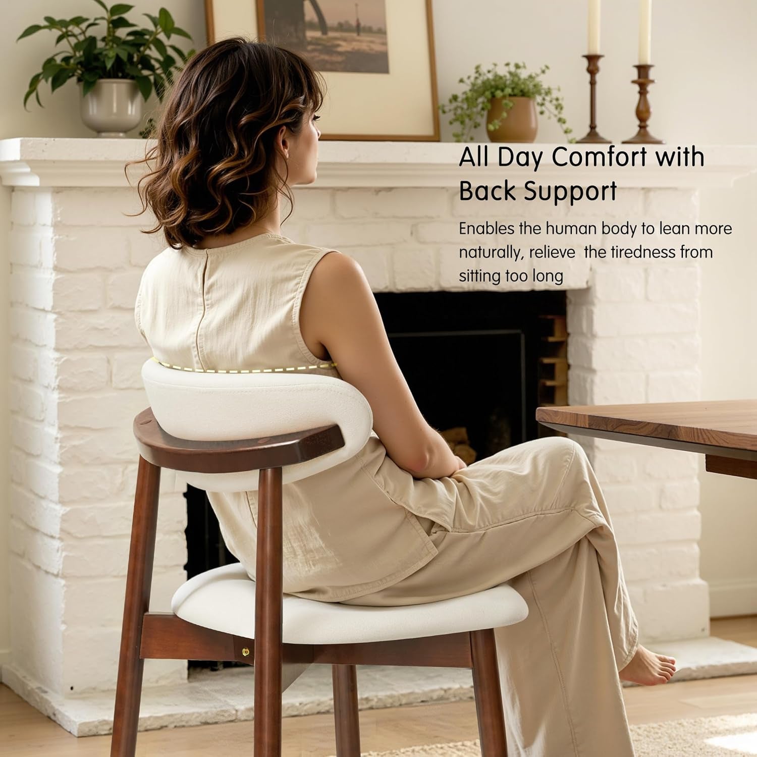 Dining Chairs Set of 4, Upholstered Wooden Dining Room Chairs, Mid Century Modern Fabric Kitchen Chair with Ergonomic Curved Backrest, Beige (Only Chairs)