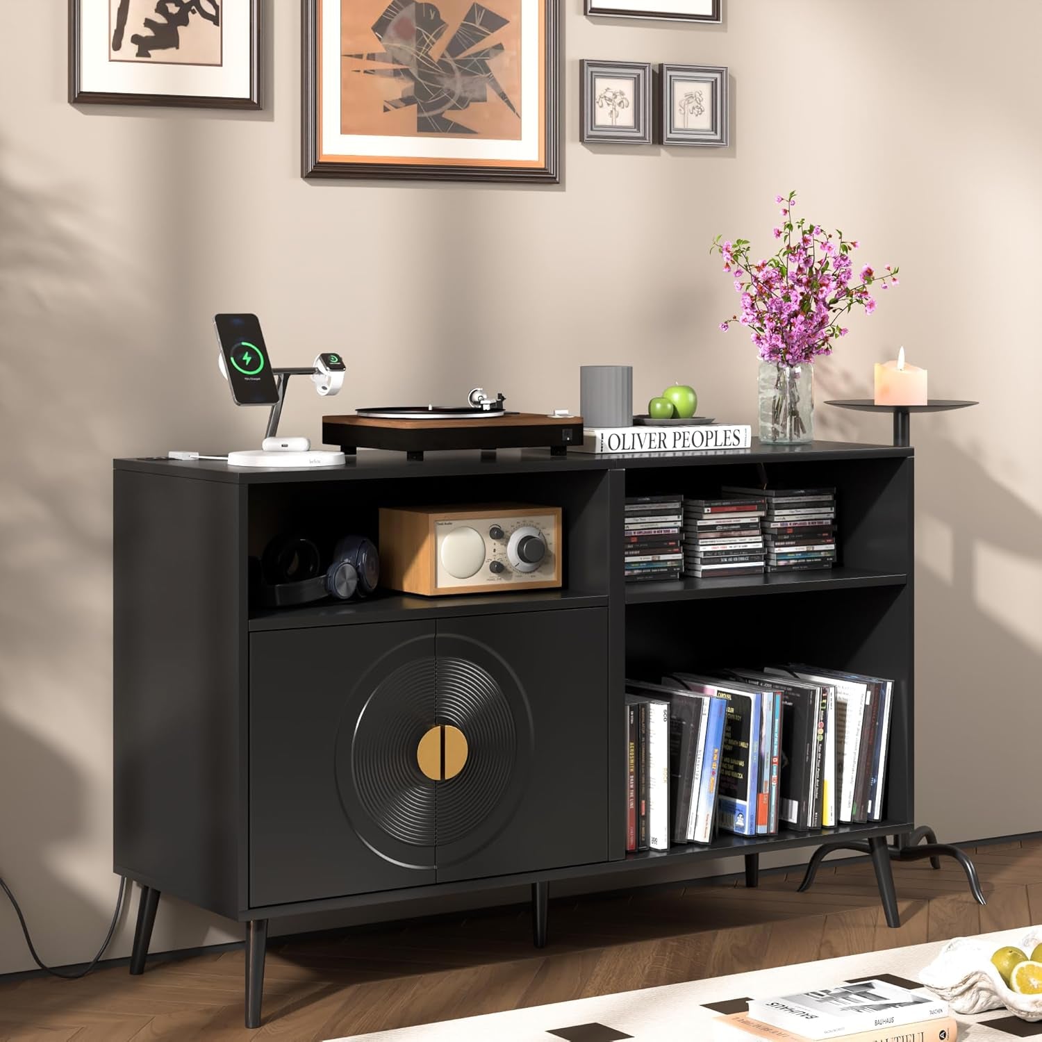 Large Record Player Stand, Mid Century Turntable Stand with Door, Record Player Table Holds up to 350 Albums,Vinyl Display Shelf for Living Room