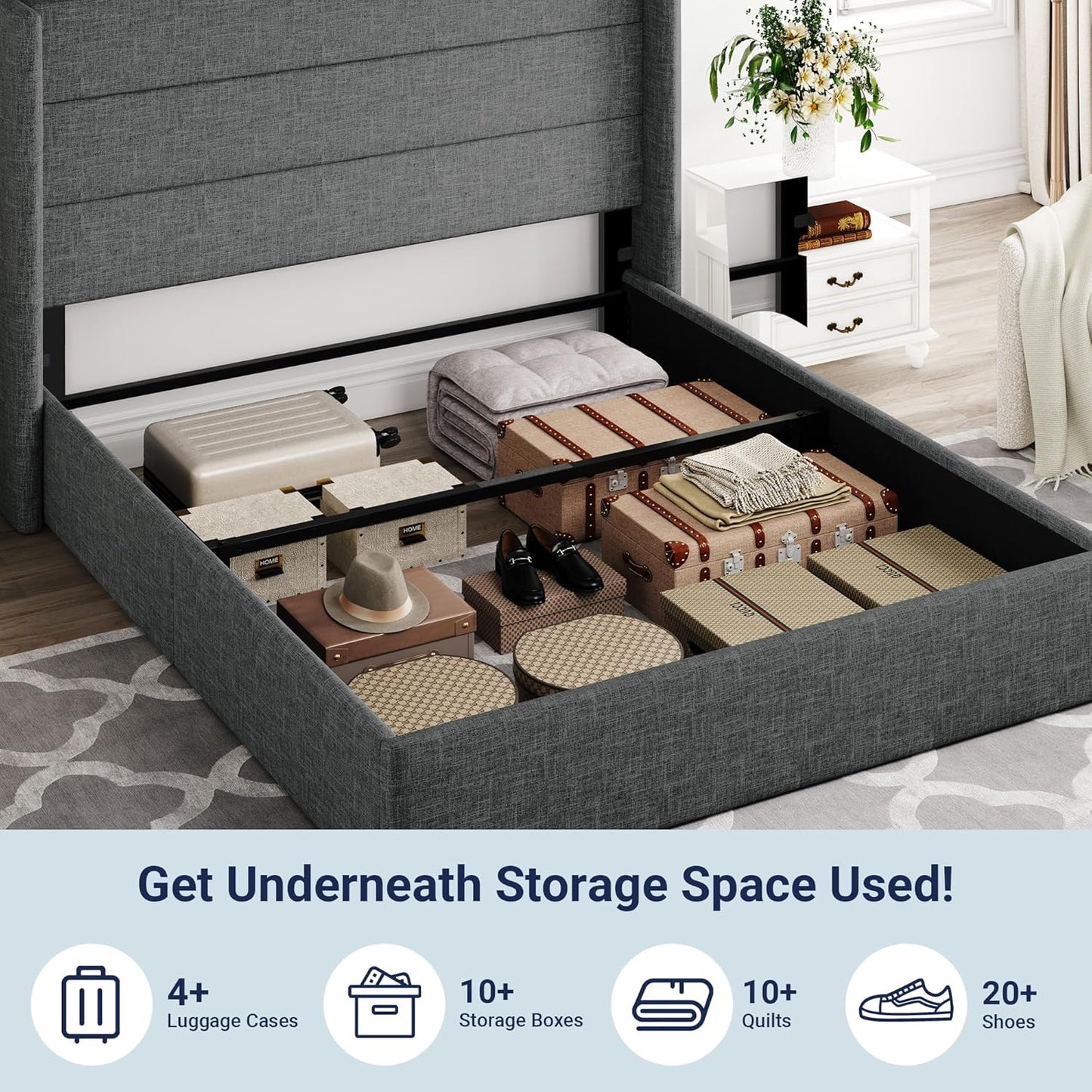 Queen Size Lift up Storage Bed, Modern Wingback Headboard, Hydraulic Support, No Box Spring Needed, Dark Grey