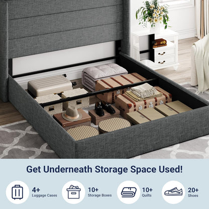 Queen Size Lift up Storage Bed, Modern Wingback Headboard, Hydraulic Support, No Box Spring Needed, Dark Grey