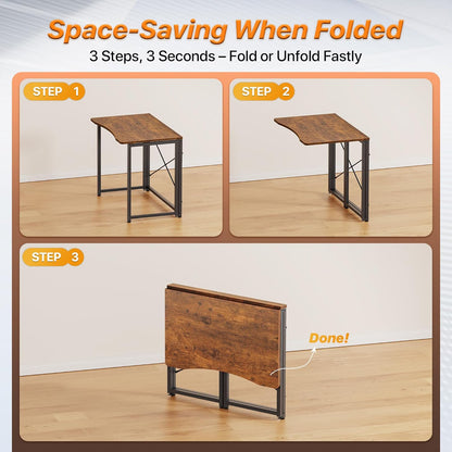Folding Desk for Small Spaces, 31.5 Inch Foldable Computer Table, for Home Office, Study, Bedroom, Dorm, Space Saving, Small Writing Work Office Computer Desk, Easy to Fold, Rustic Brown