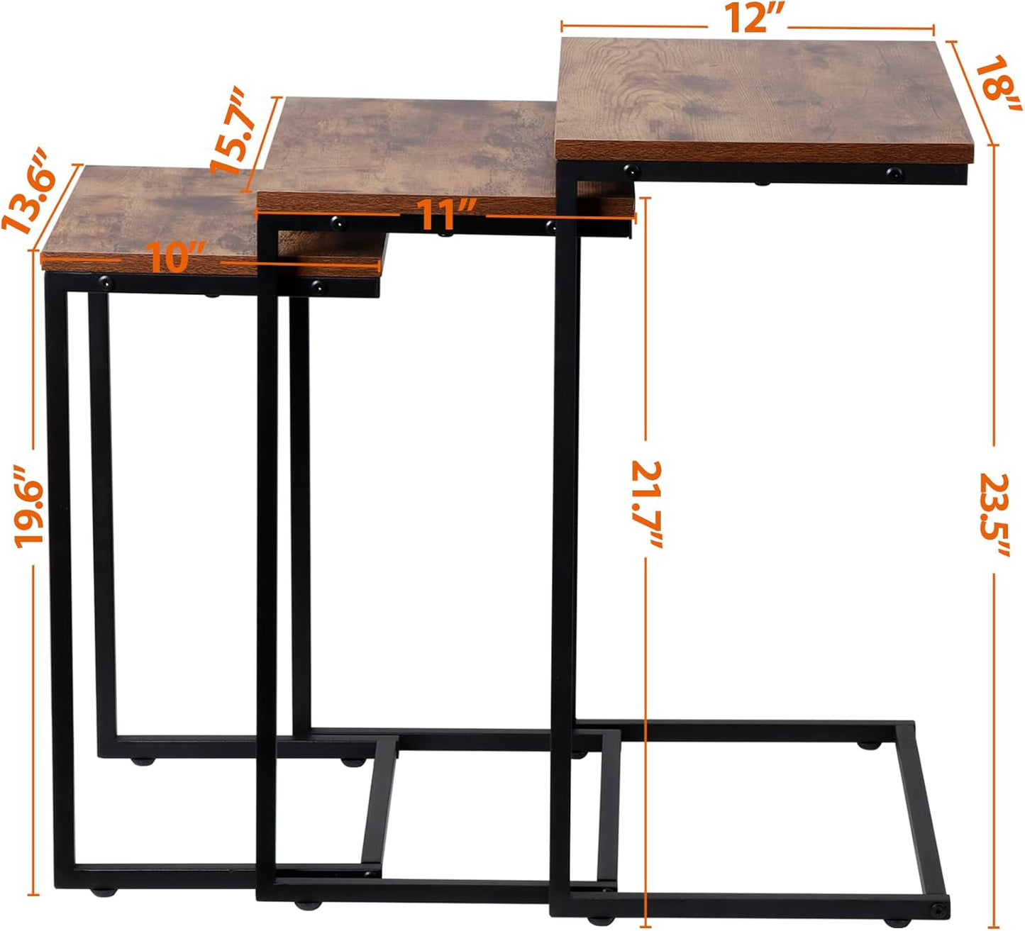 Nesting Tables Set of 3, Industrial C Shaped End Table Stackable Coffee Table Heavy Duty Metal Frame for Small Space, Living Room, Bedroom, Side Table Tray for Laptop Snack, Rustic Brown