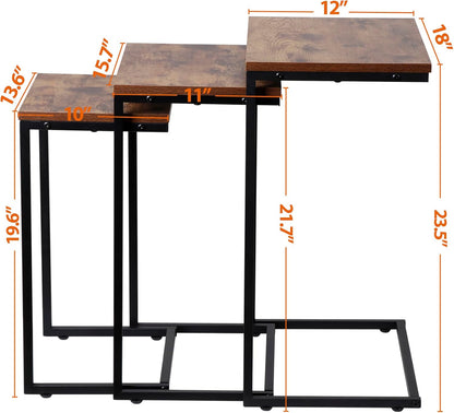 Nesting Tables Set of 3, Industrial C Shaped End Table Stackable Coffee Table Heavy Duty Metal Frame for Small Space, Living Room, Bedroom, Side Table Tray for Laptop Snack, Rustic Brown