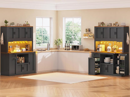 71" Pantry Cabinet with Charging Station and LED Light, Kitchen Pantry Cabinet with Microwave Stand, 47.2" Wide Kitchen Storage Cabinets with Storage Cart 3 Tier for Dining Room, Black