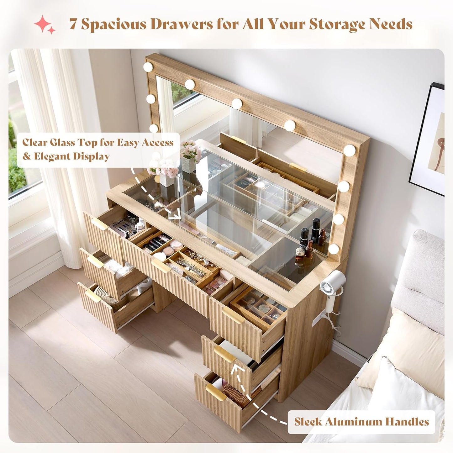 47.2" Fluted Vanity Desk with Large Mirror and Adjustable LED Lights, 7 Drawers Makeup Table with Glass Top and Charging Station for Women and Girls, Bedroom or Dorm, Oak