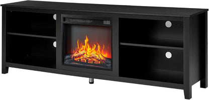 Fireplace TV Stand, Wood Texture Entertainment Center with 23'' Electric Fireplace, Farmhouse Entertainment Stand Media TV Console for Tvs up to 80'', 70 Inches, Black