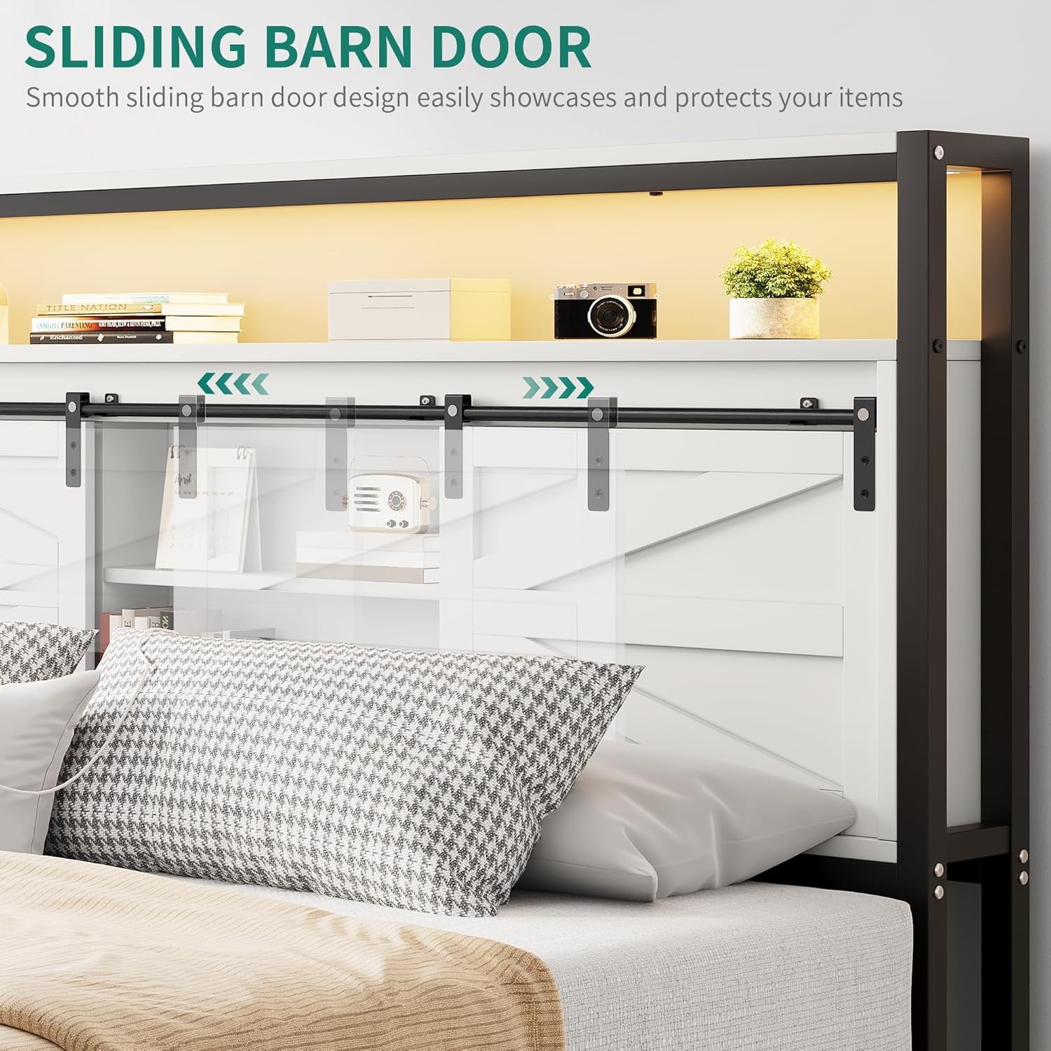 Farmhouse Queen Bed Frame with LED Lights and Charging Station, Platform Bed Frame with Storage Bookcase Headboard, Sliding Barn Door, Solid Metal Slats, No Box Spring Needed (White)