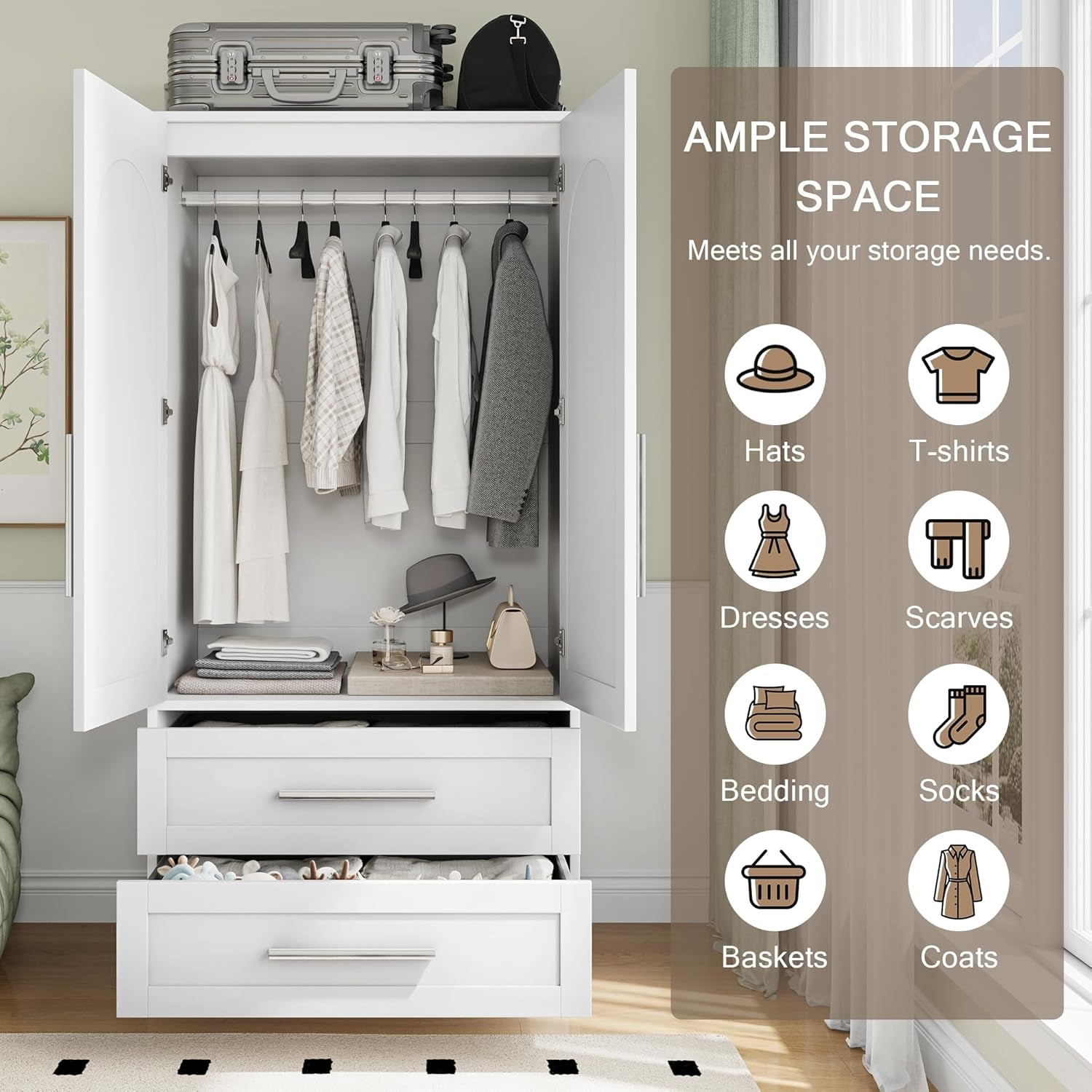 Wooden Armoire Wardrobe Closet with 2 Doors and 2 Drawers,Bedroom Freestanding Armoire Storage Cabinet with Shelves,Tall Clothing Storage Cabinet for Bedroom,White