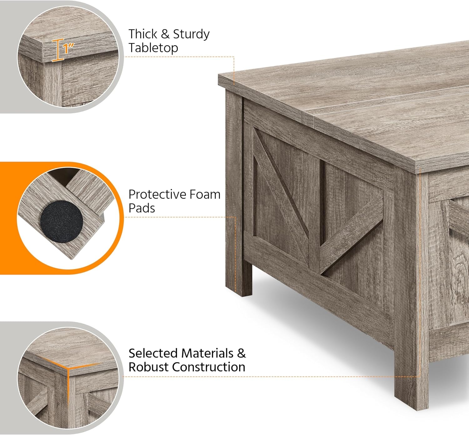 Lift Top Coffee Table, Square Farmhouse Coffee Table with Hidden Storage Compartment, Wood Center Table for Living Room, Home Office, Gray