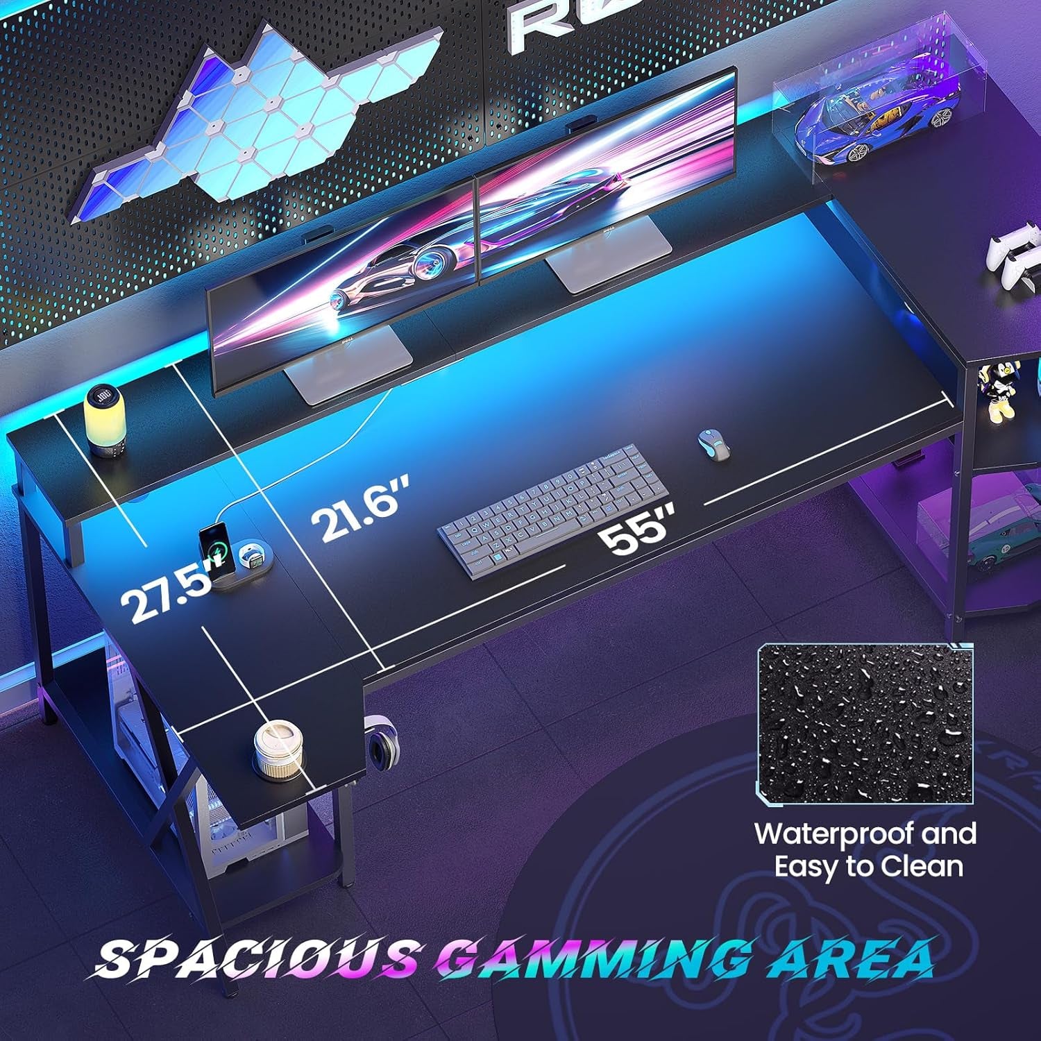 Gaming Desk 70.8'' with LED Lights and Storage Shelves, Computer Desk with Monitor Stand, Power Outlets and Cup Holder, Large PC Gamer Desk, Gaming Table for Bedroom, Living Room, Black