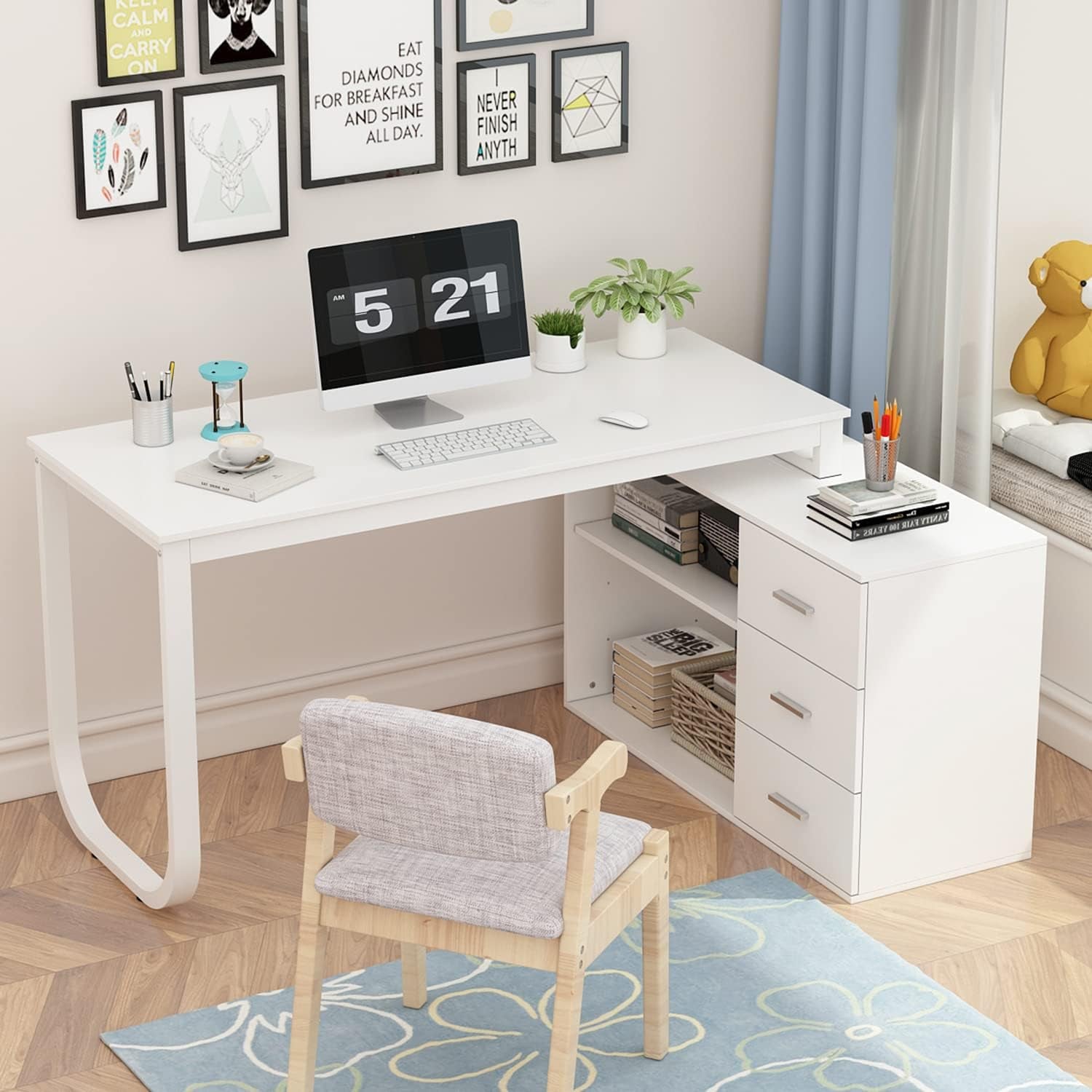Home Office Computer Desk Corner Desk with 3 Drawers and 2 Shelves, 55 Inch Large L-Shaped Study Writing Table with Storage Cabinet - White
