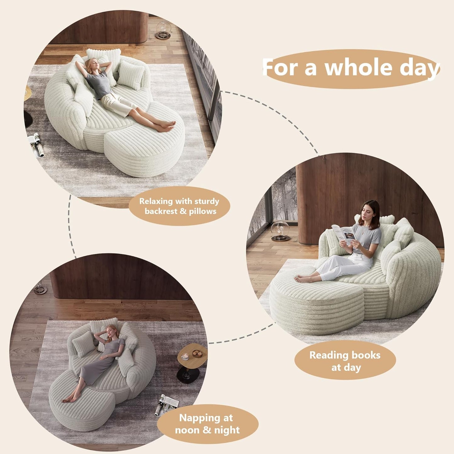 Oversized Chaise Lounge Chair Indoor with Ottoman 50.5" W X 67.0" D round Soft Corduroy Comfy Oversized Reading Chair with 5 Pillows for Living, Reading Room - Beige White