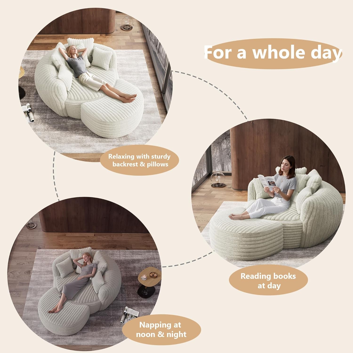 Oversized Chaise Lounge Chair Indoor with Ottoman 50.5" W X 67.0" D round Soft Corduroy Comfy Oversized Reading Chair with 5 Pillows for Living, Reading Room - Beige White