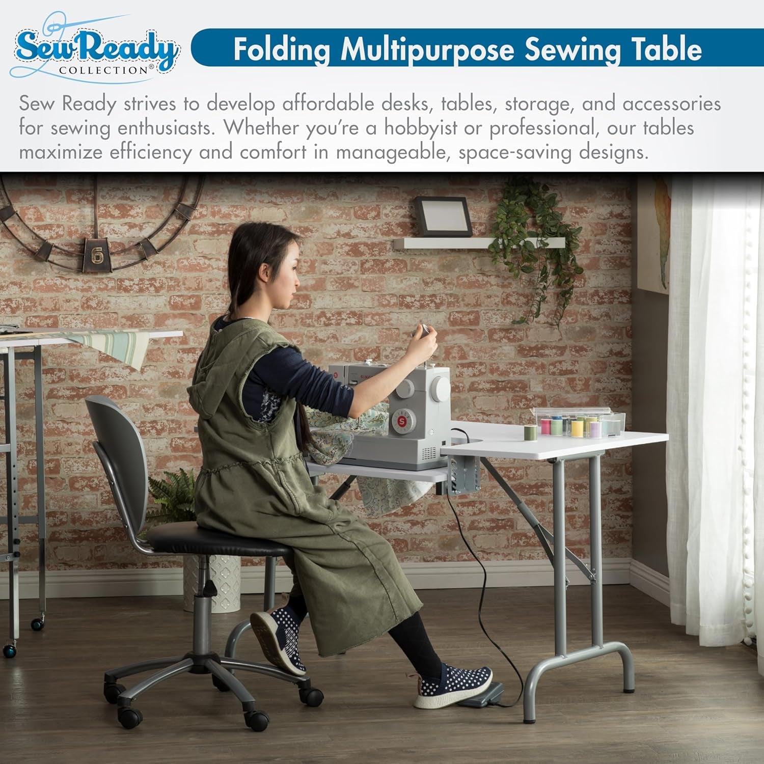Folding Multipurpose Sewing Table - 47.5" W X 28" D Foldable White Hobby and Sewing Machine Table with Adjustable Shelf - Can Also Be Used as Computer Desk