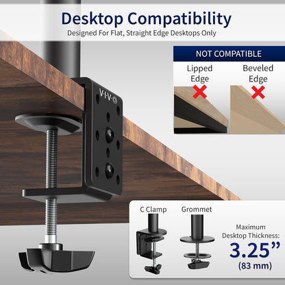 Dual Monitor Desk Mount, Holds 2 Computer Screens up to 30 Inches and 22Lbs Each, Heavy Duty Fully Adjustable Steel Stand with C-Clamp and Grommet, Black, STAND-V002