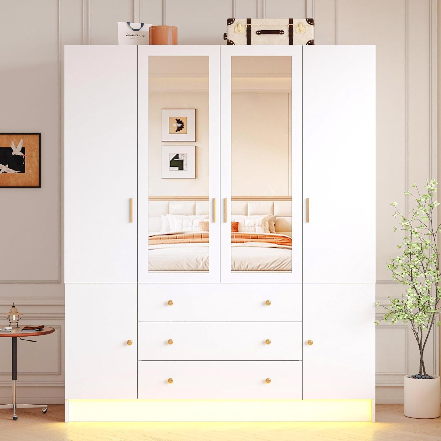 4 Doors LED Wardrobe Closet, 75" Tall Modern Armoire with Mirror & 3 Drawers, Wooden Armoire Wardrobe Closet for Bedroom, Hanging Rod, Freestanding Clothing Storage Cabinet, White