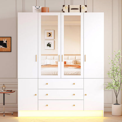 4 Doors LED Wardrobe Closet, 75" Tall Modern Armoire with Mirror & 3 Drawers, Wooden Armoire Wardrobe Closet for Bedroom, Hanging Rod, Freestanding Clothing Storage Cabinet, White