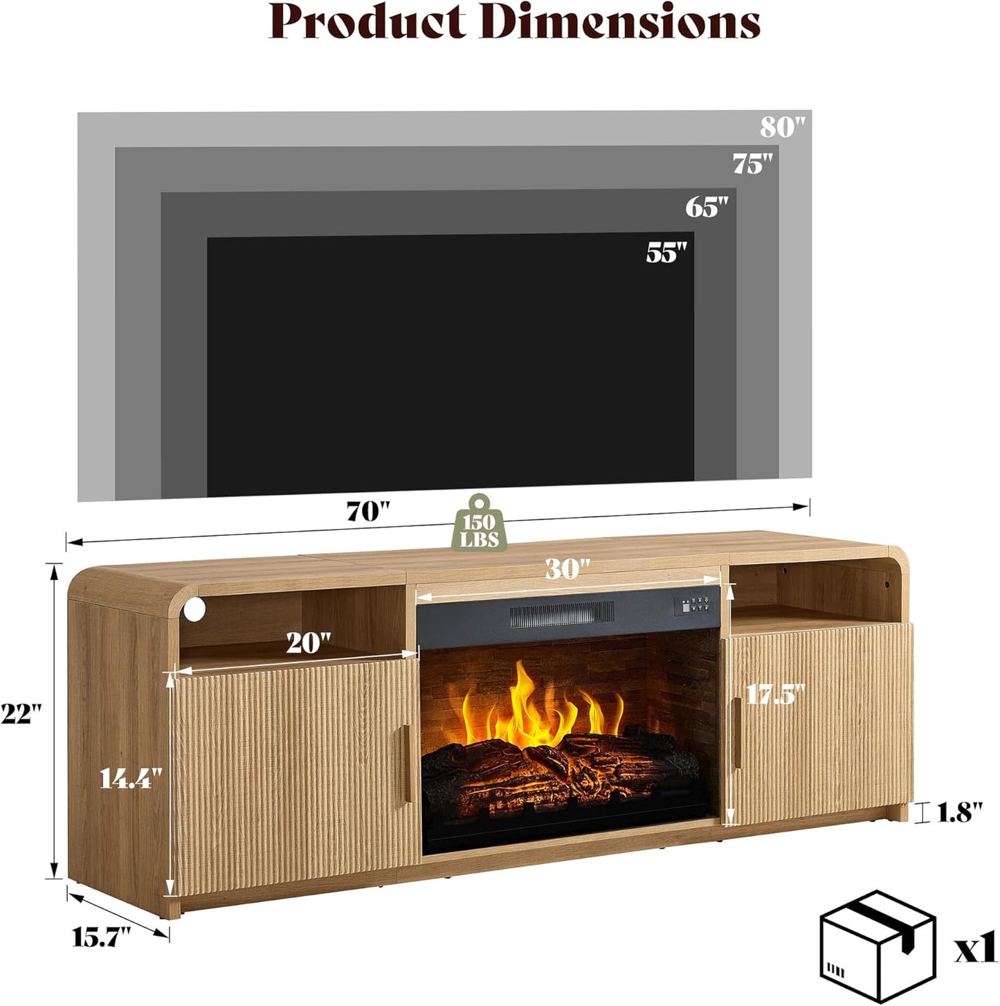 70" Fluted Fireplace TV Stand for Tvs up to 80", Modern TV Console with 30" Electric Fireplace & Storage Cabinets, Media Entertainment Center for Living Room, Natural Oak